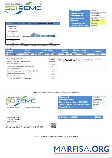 Realistic USA Indiana SCI REMC business utility bill template in Word and PDF formats